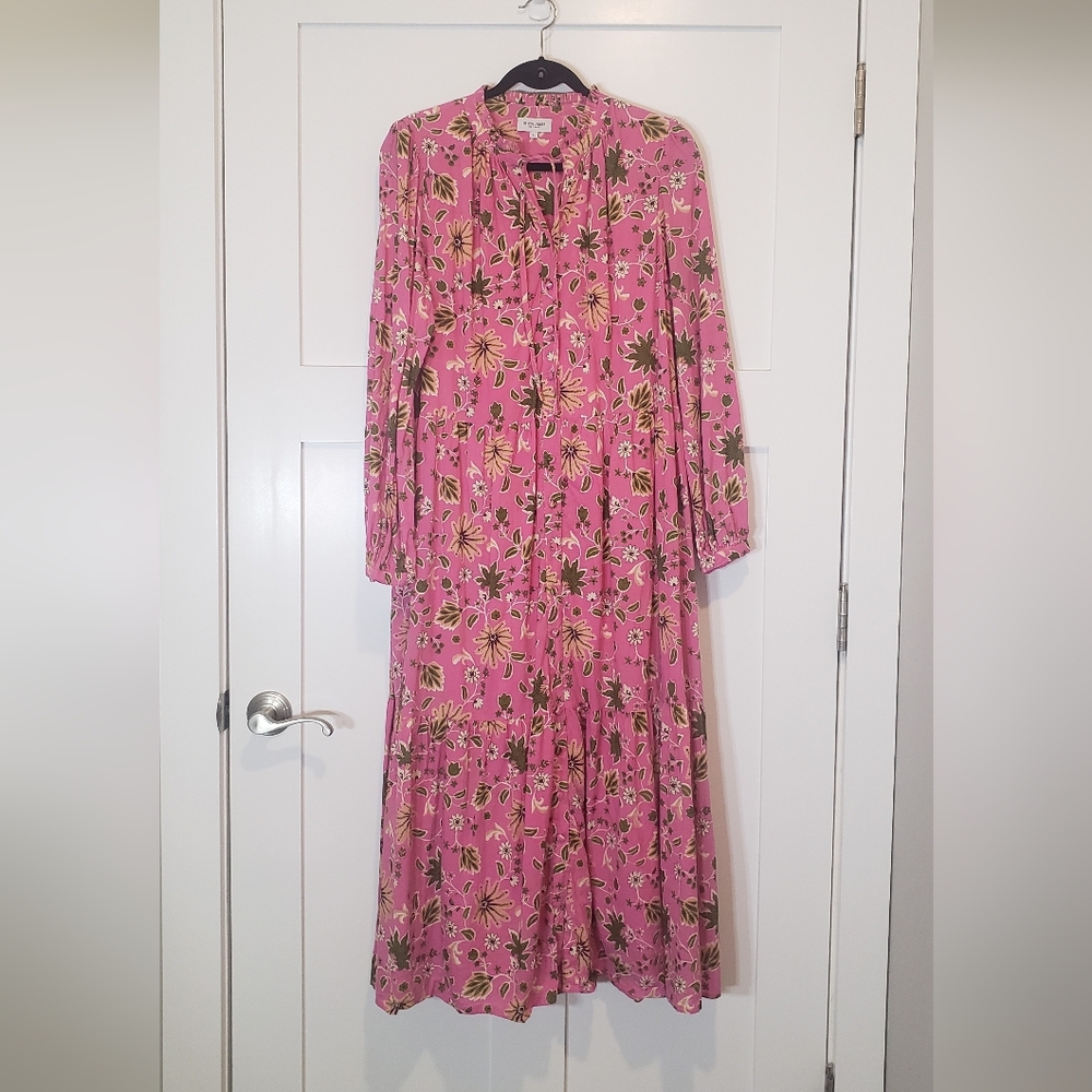 Olivia James The Label Maxi Dress Tiered Button Up Down Long Sleeve Large Floral